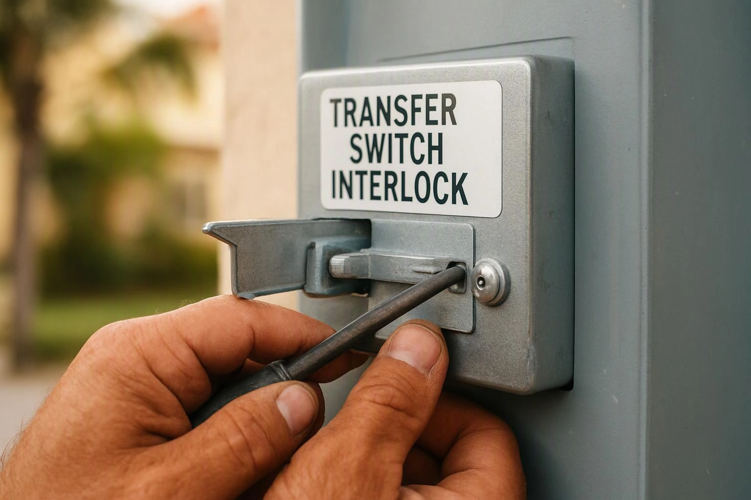 Hands use a screwdriver to open a gray transfer switch interlock on a metal panel