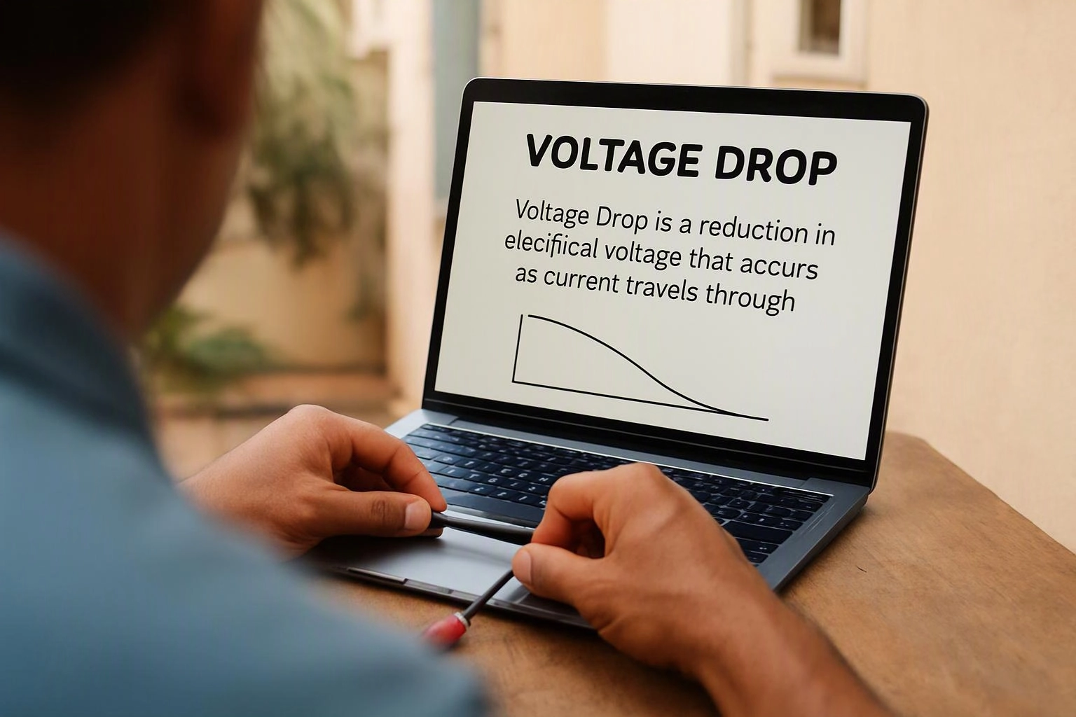 A person sits at a laptop showing “VOLTAGE DROP” and a simple declining graph on the screen
