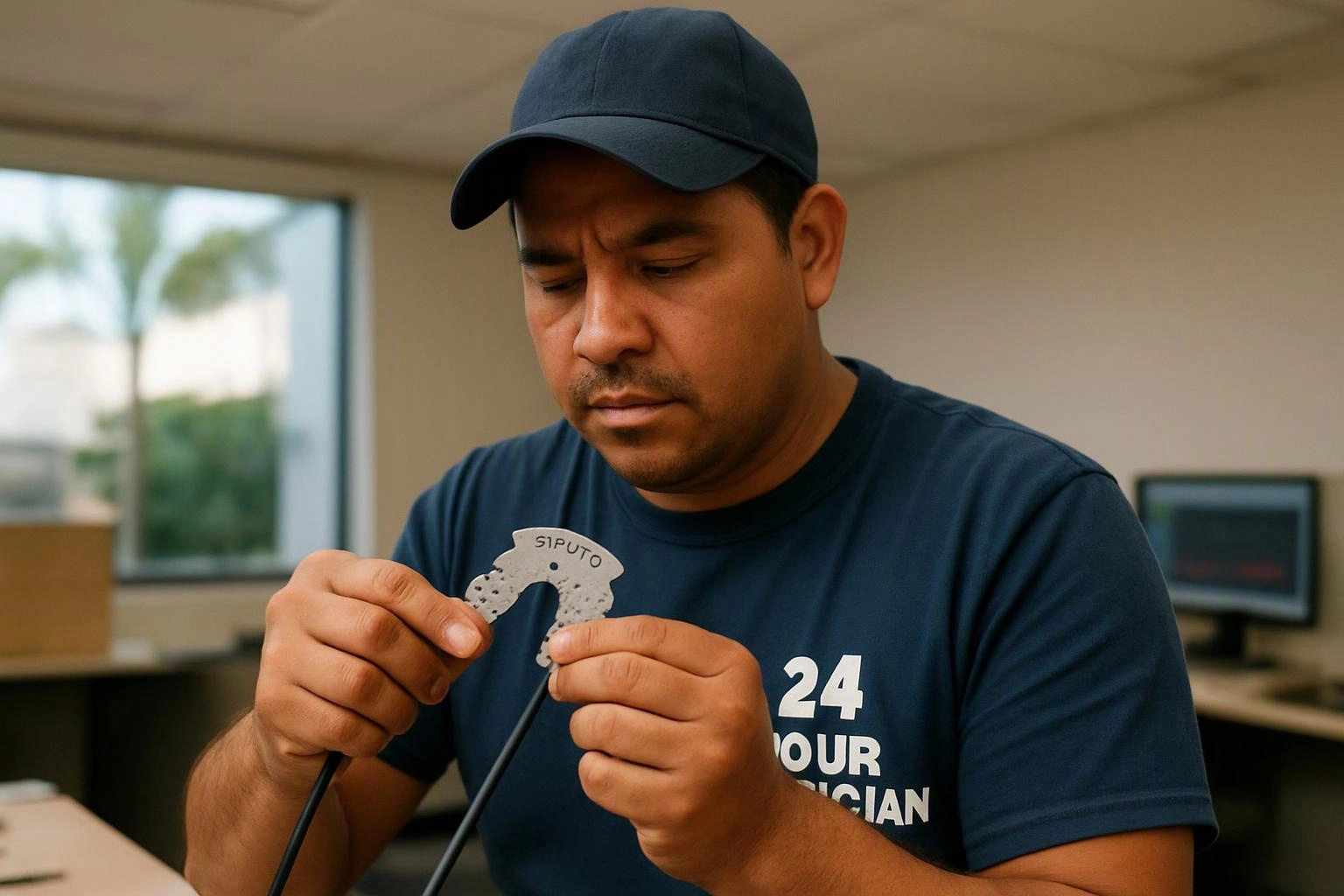 A man in a navy cap inspects a metal hose clamp while standing in an office room