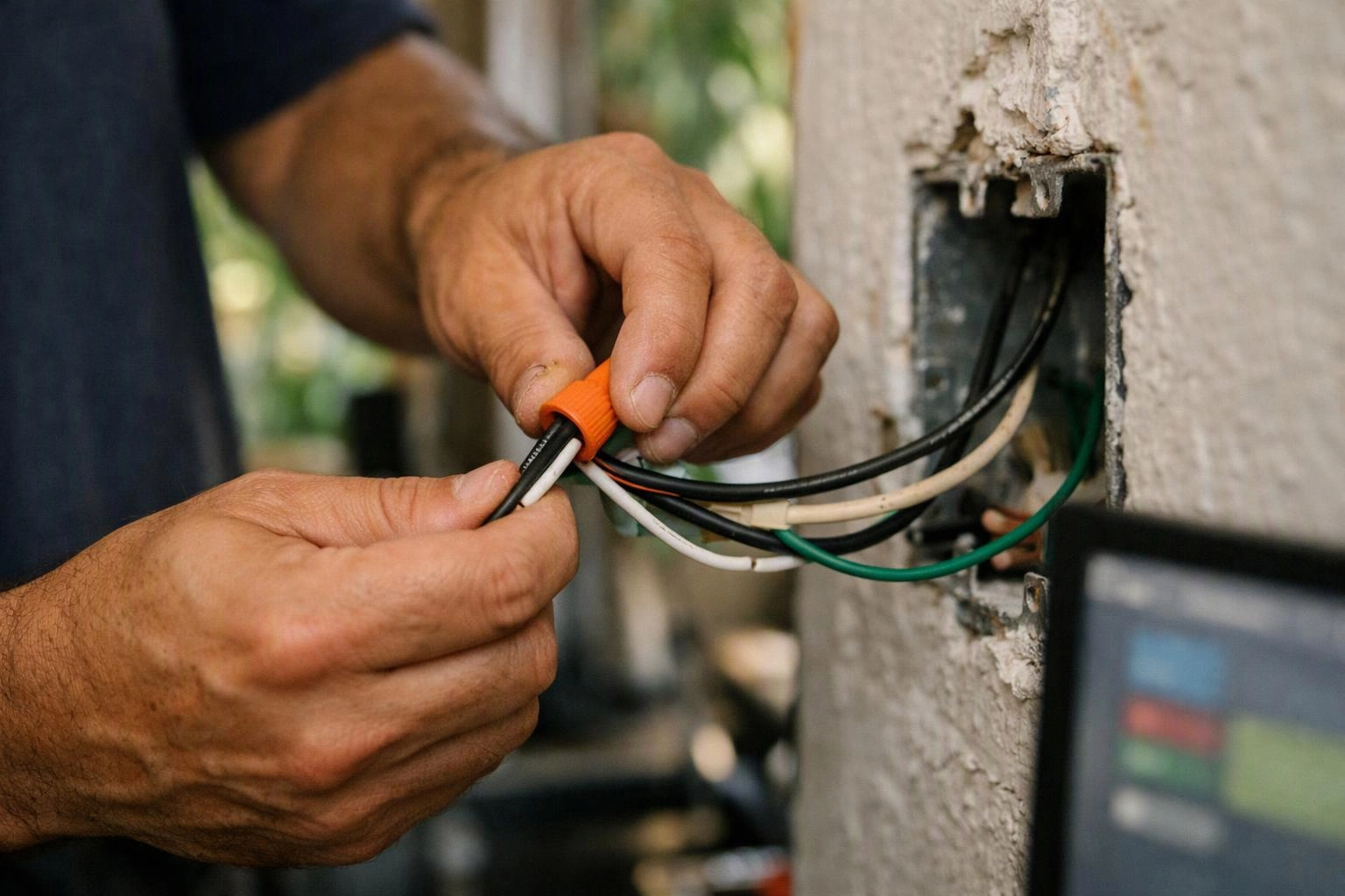 Hands connect electrical wires with an orange wire nut beside a wall outlet box