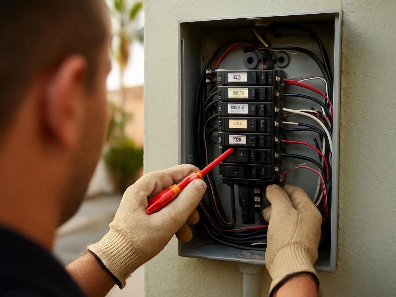 A gloved electrician tests wiring inside an open breaker panel mounted on an exterior wall