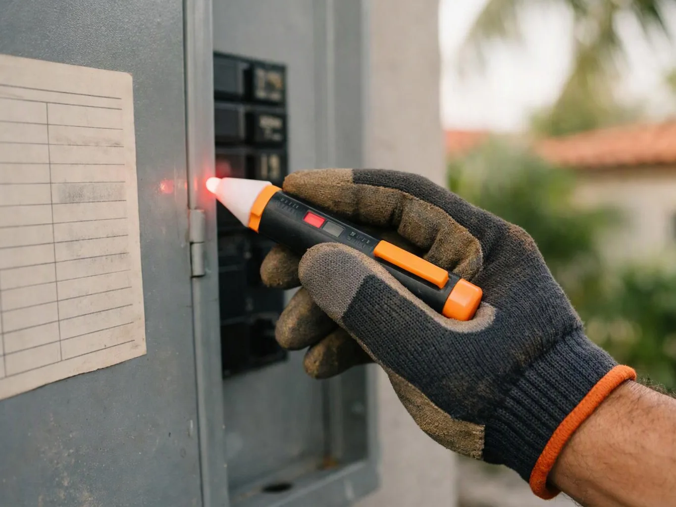 A gloved hand checks an electrical panel with a red-tipped tester outdoors