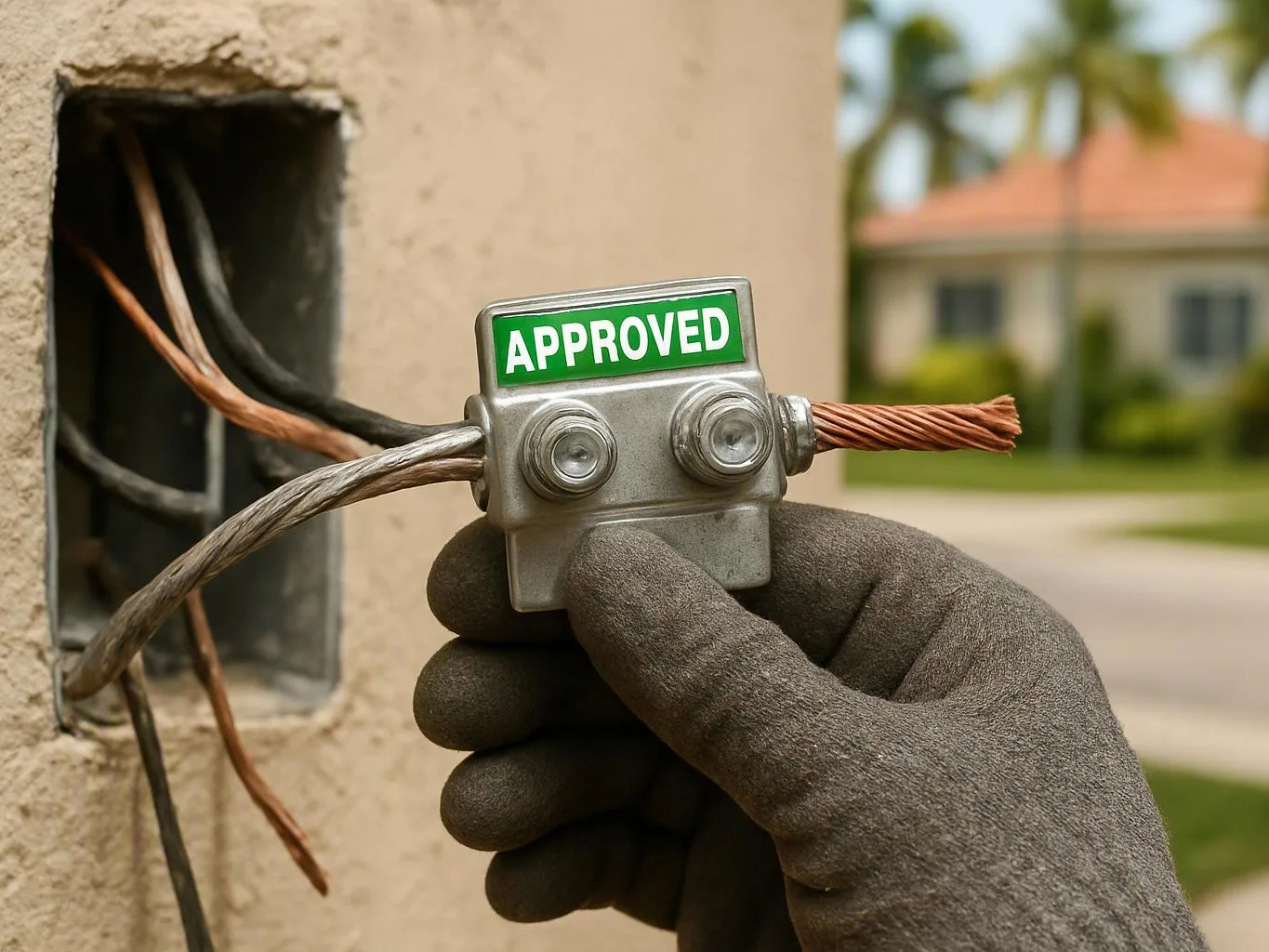 A gloved hand holds an approved electrical connector near exposed wires in a wall opening