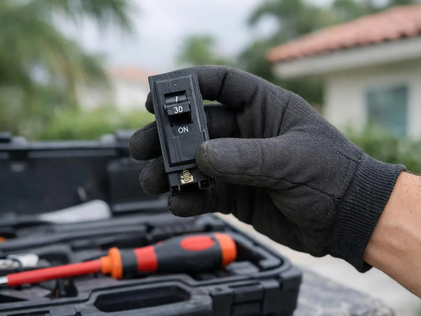 A gloved hand holds a black circuit breaker above an open toolkit with a screwdriver outdoors