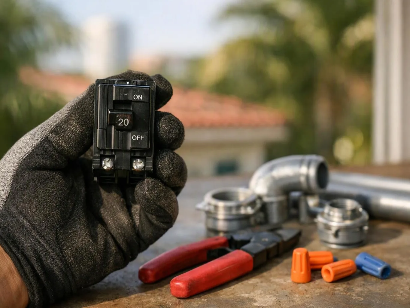 A gloved hand holds a black circuit breaker beside metal fittings, wire nuts, and red-handled pliers outdoors