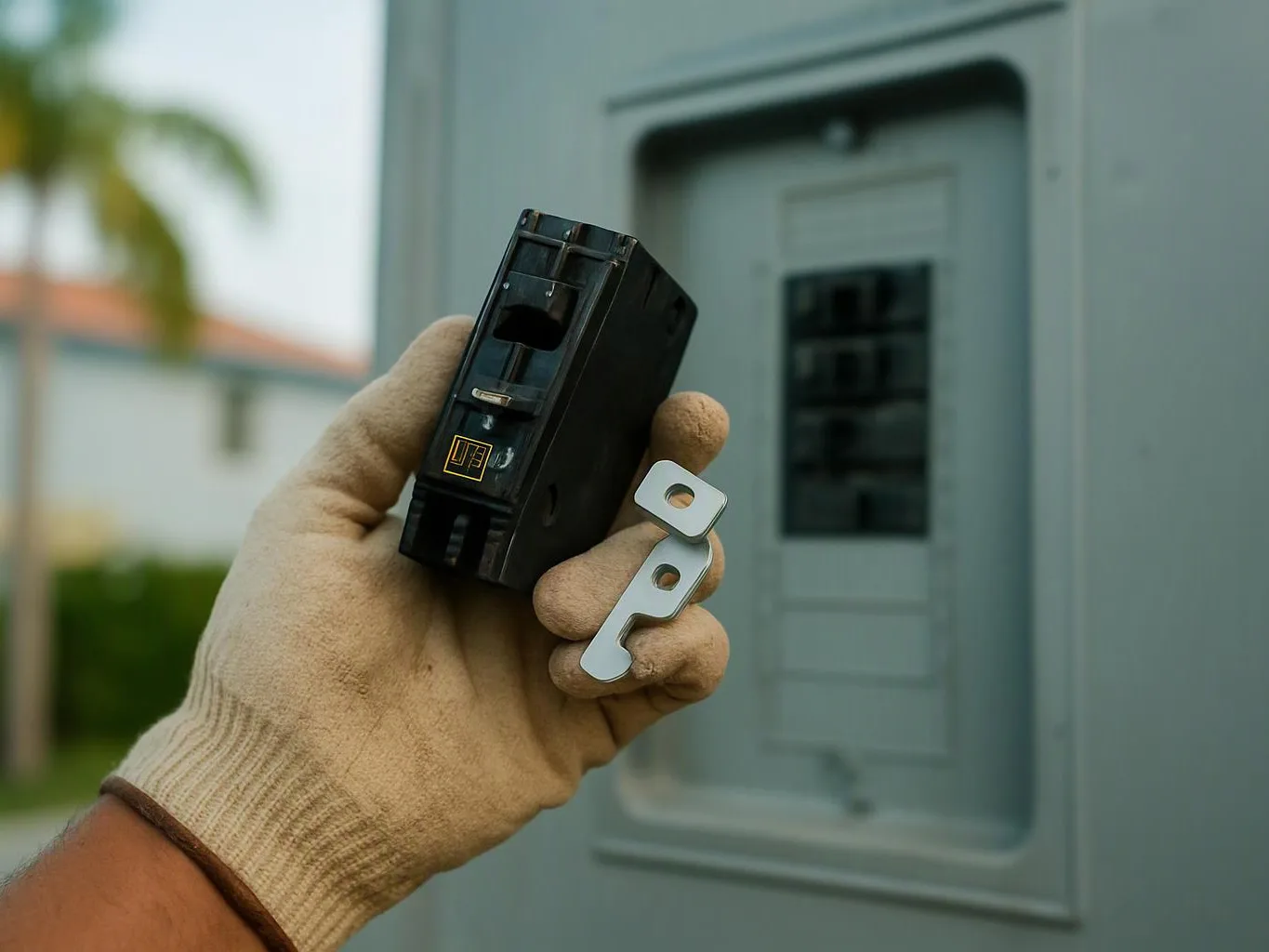 A gloved hand holds a black circuit breaker and two metal connectors in front of an electrical panel outdoors