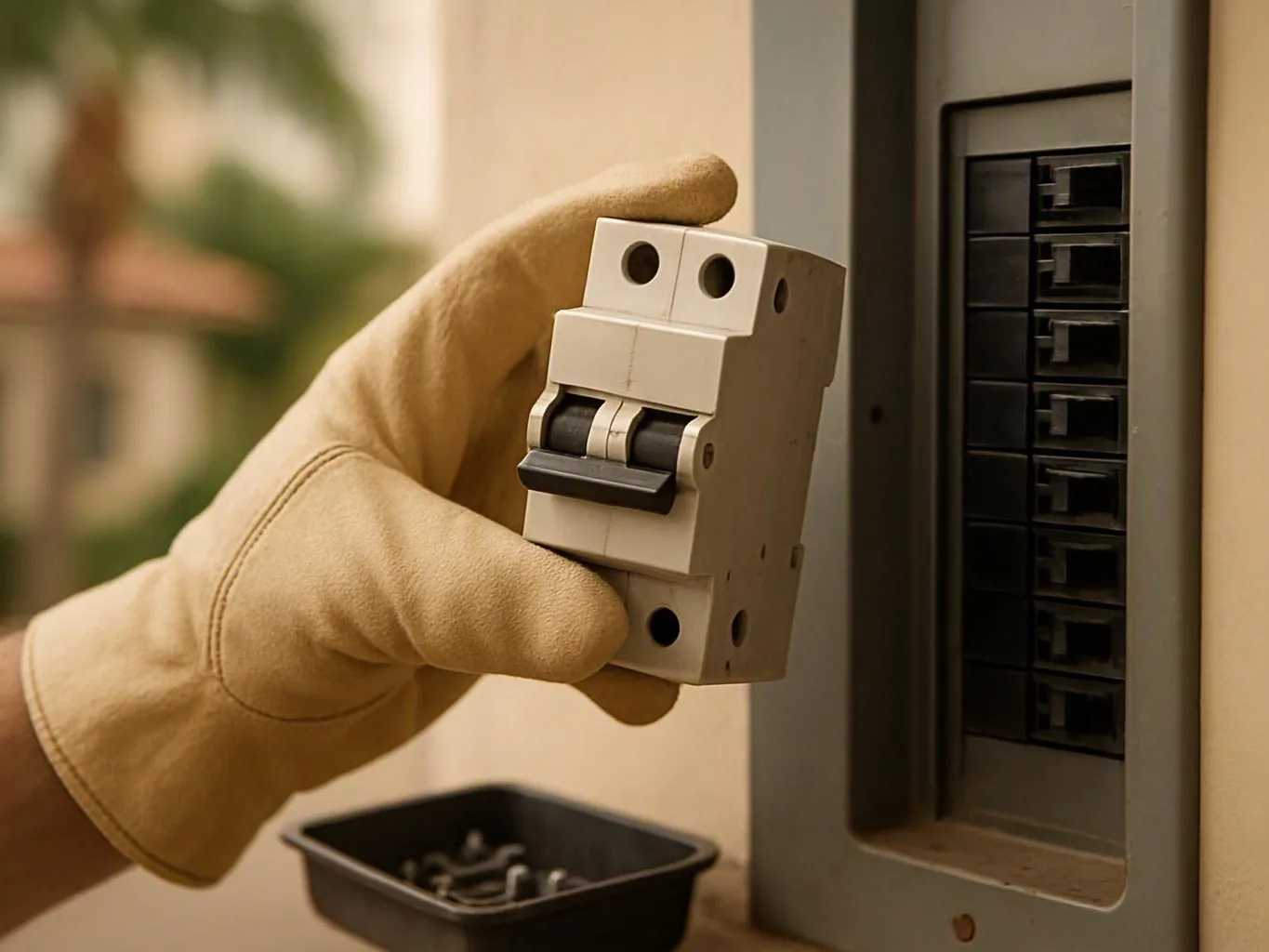 A gloved hand holds a circuit breaker beside an open electrical panel outdoors