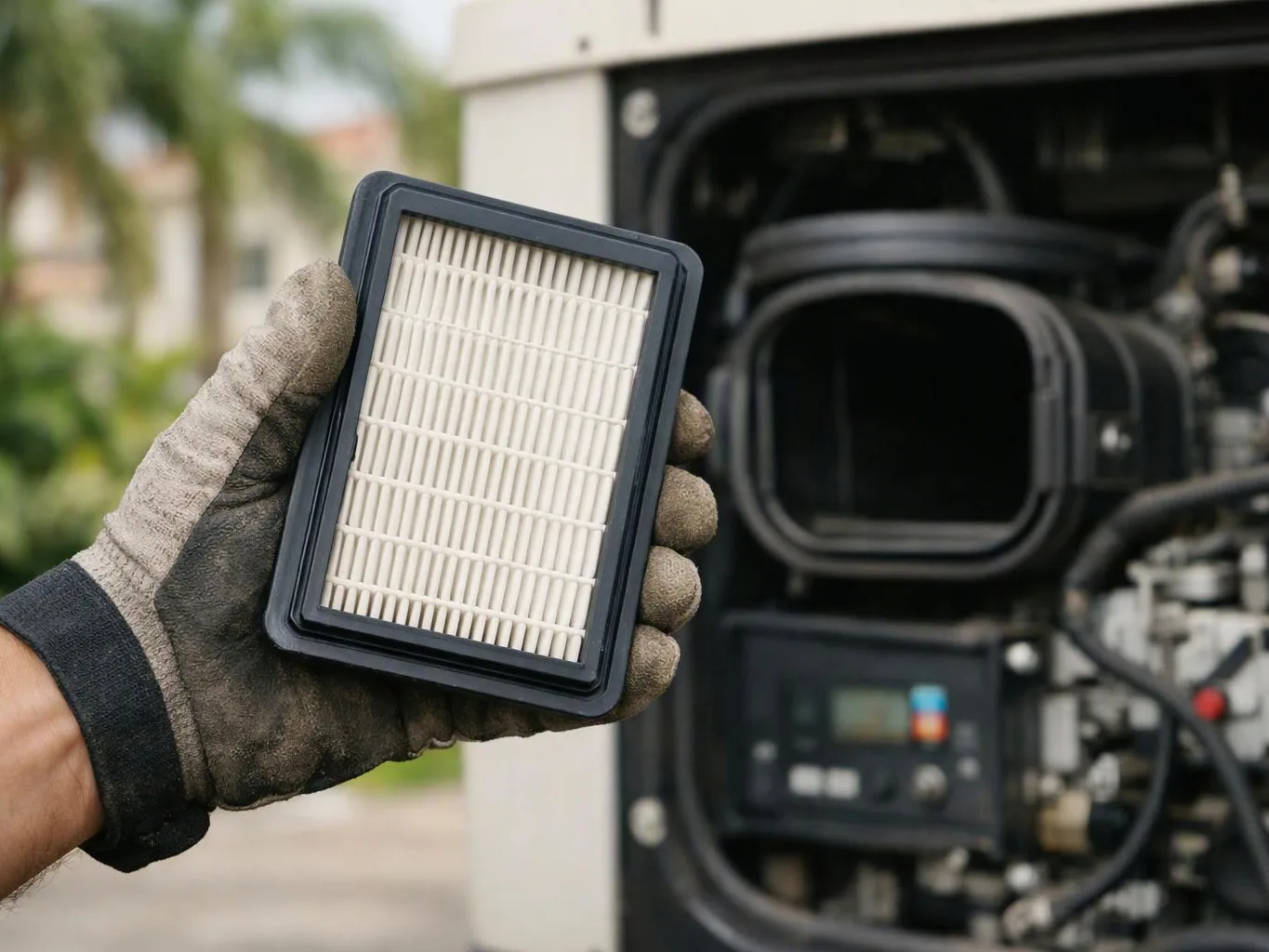 A gloved hand holds a clean air filter in front of an open engine compartment outdoors