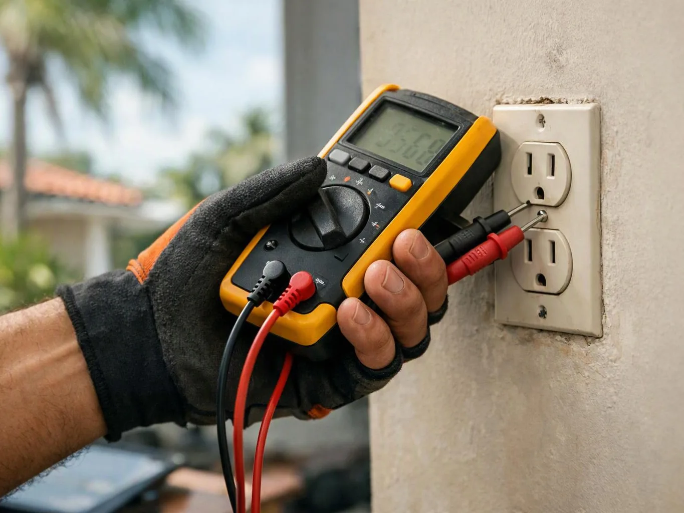 A gloved hand holds a digital multimeter against a wall outlet beside a plaster wall