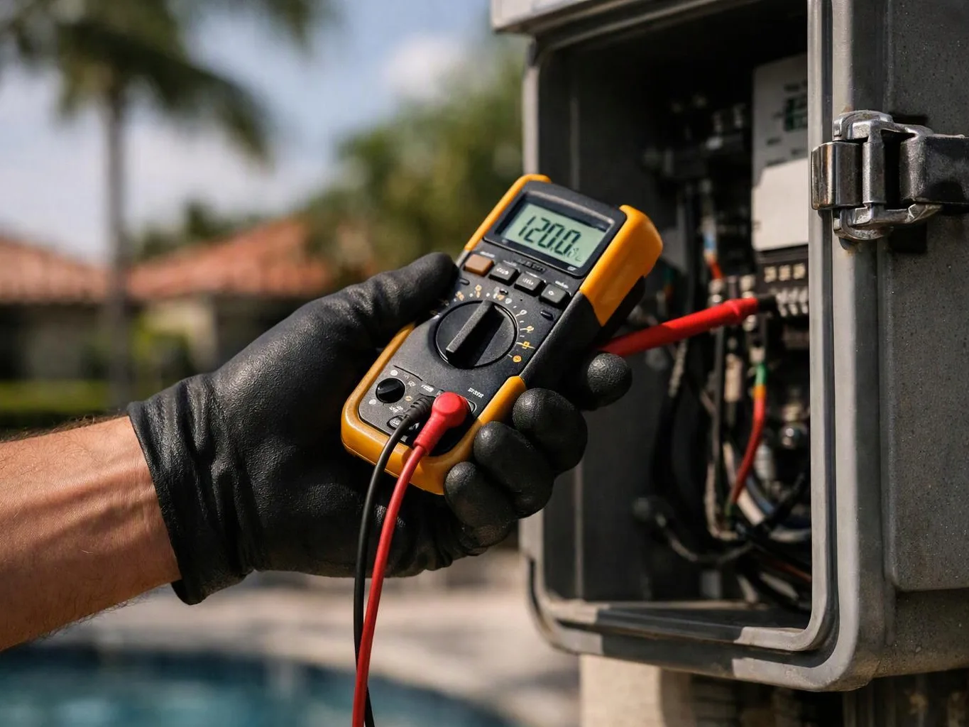 A gloved hand holds a digital multimeter beside an open electrical panel outdoors