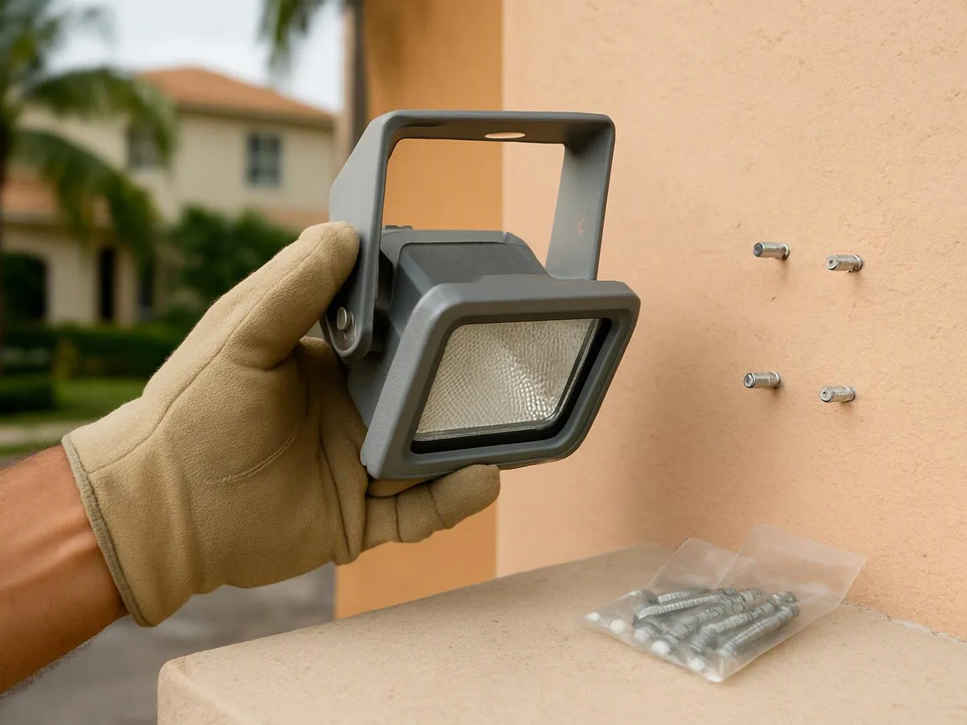 A gloved hand holds a gray outdoor light fixture near screws on a peach wall outdoors