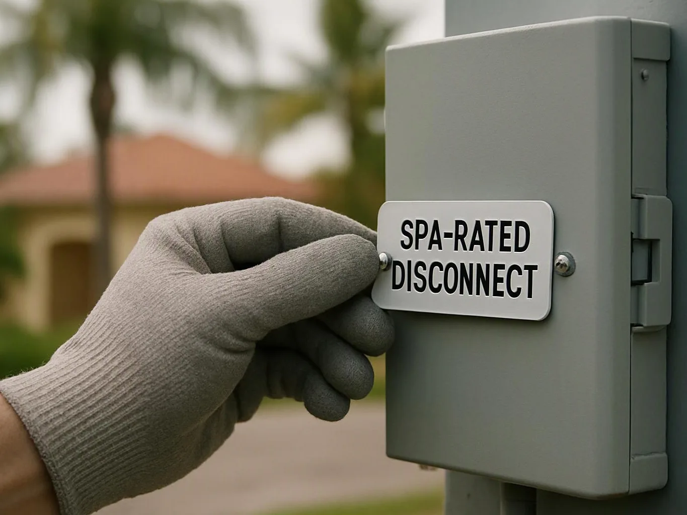 A gloved hand holds a metal panel labeled “SPA-RATED DISCONNECT” beside an outdoor utility box