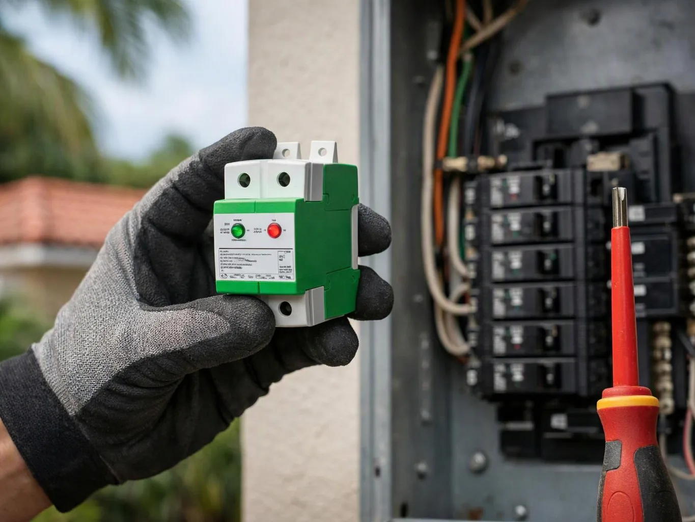 A gloved hand holds a small green electrical device beside an open breaker panel with wires and a screwdriver