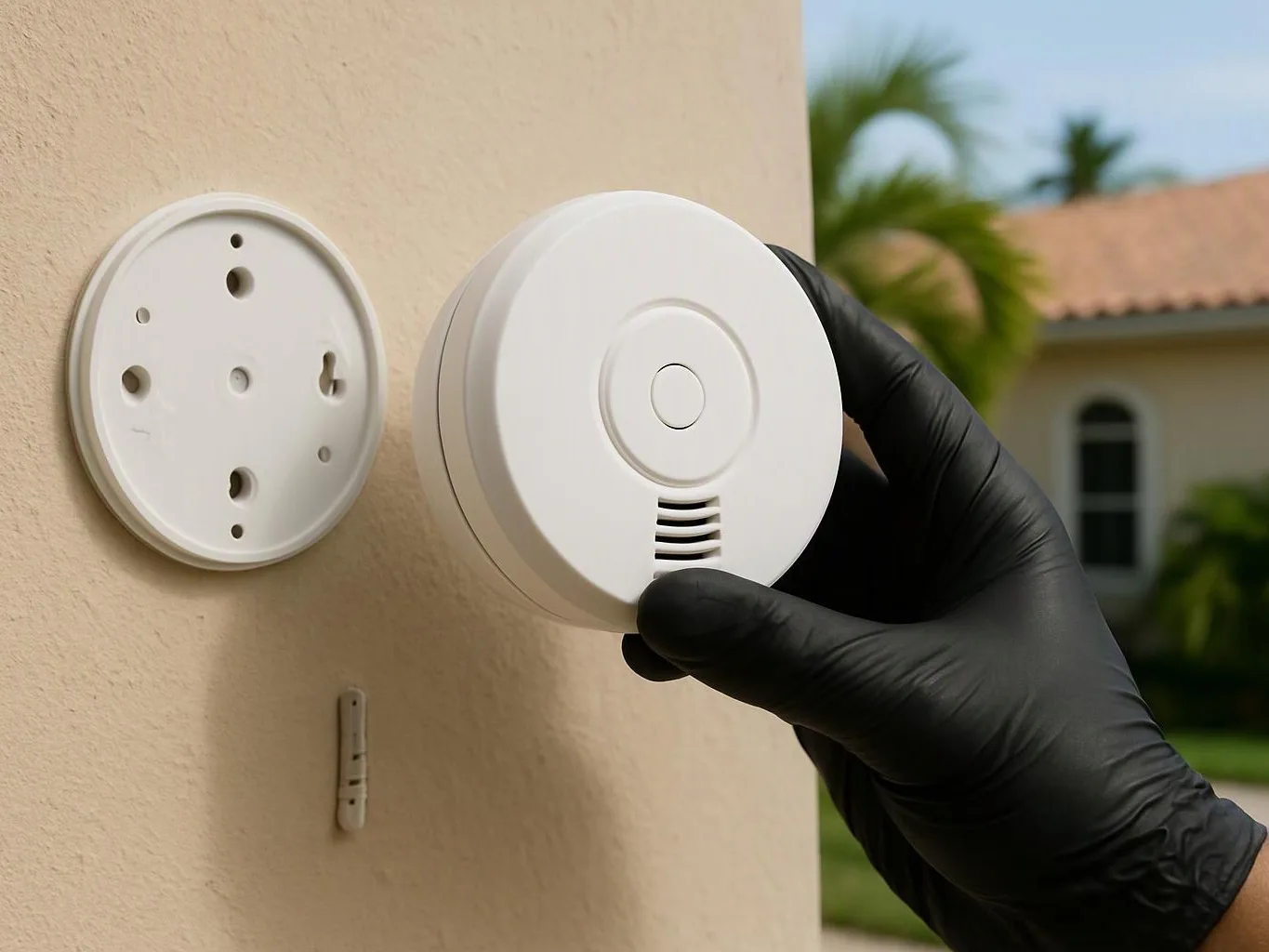 A gloved hand holds a white smoke detector beside a round wall mount on an outdoor stucco wall