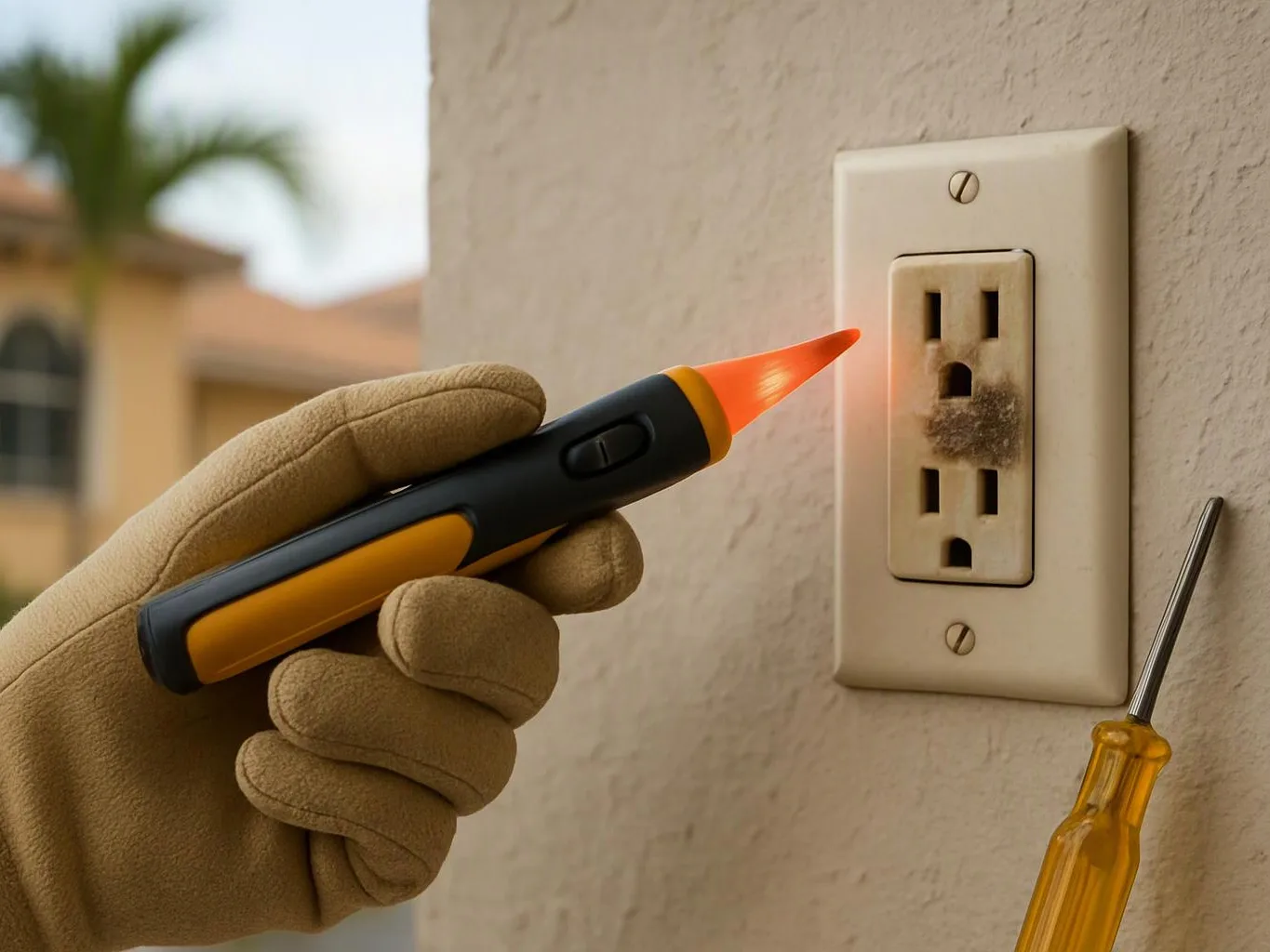A gloved hand points a glowing voltage tester at a scorched wall outlet beside a screwdriver