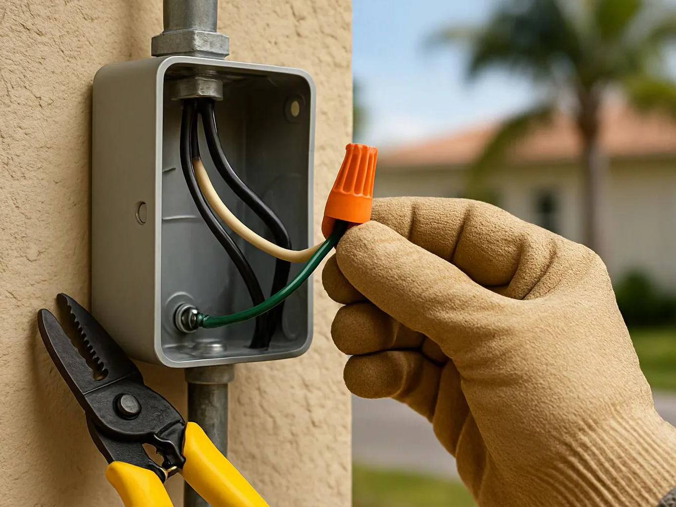 A gloved hand twists an orange wire connector beside an open electrical junction box on a wall