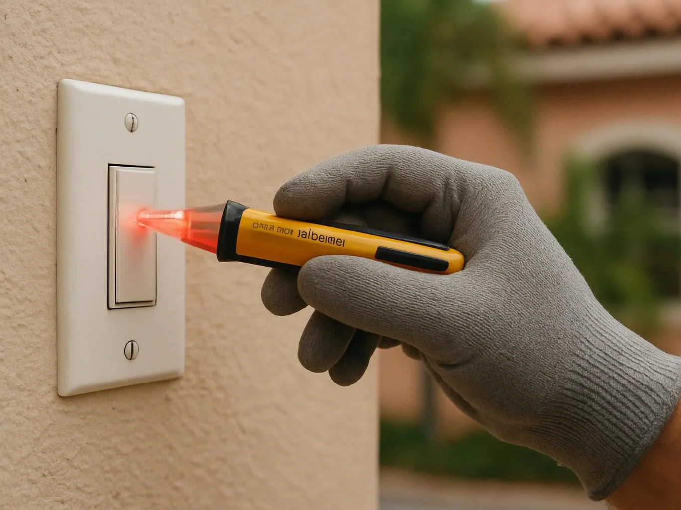 A gloved hand uses a glowing voltage tester on a wall light switch outdoors