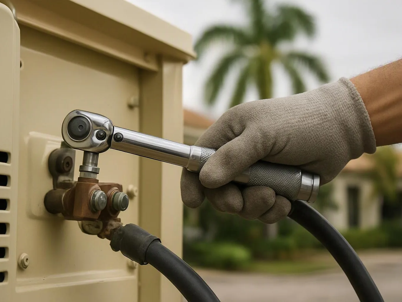 A gloved hand uses a ratchet wrench on a hose fitting beside a beige utility box outdoors