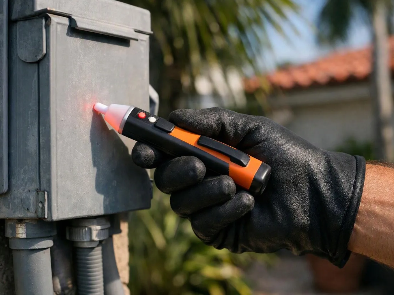 A gloved hand uses a red-light tester on a gray metal electrical box outdoors