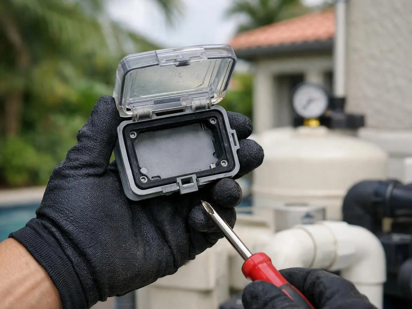 Gloved hands hold a small waterproof plastic case while a screwdriver points at it outdoors near pool equipment