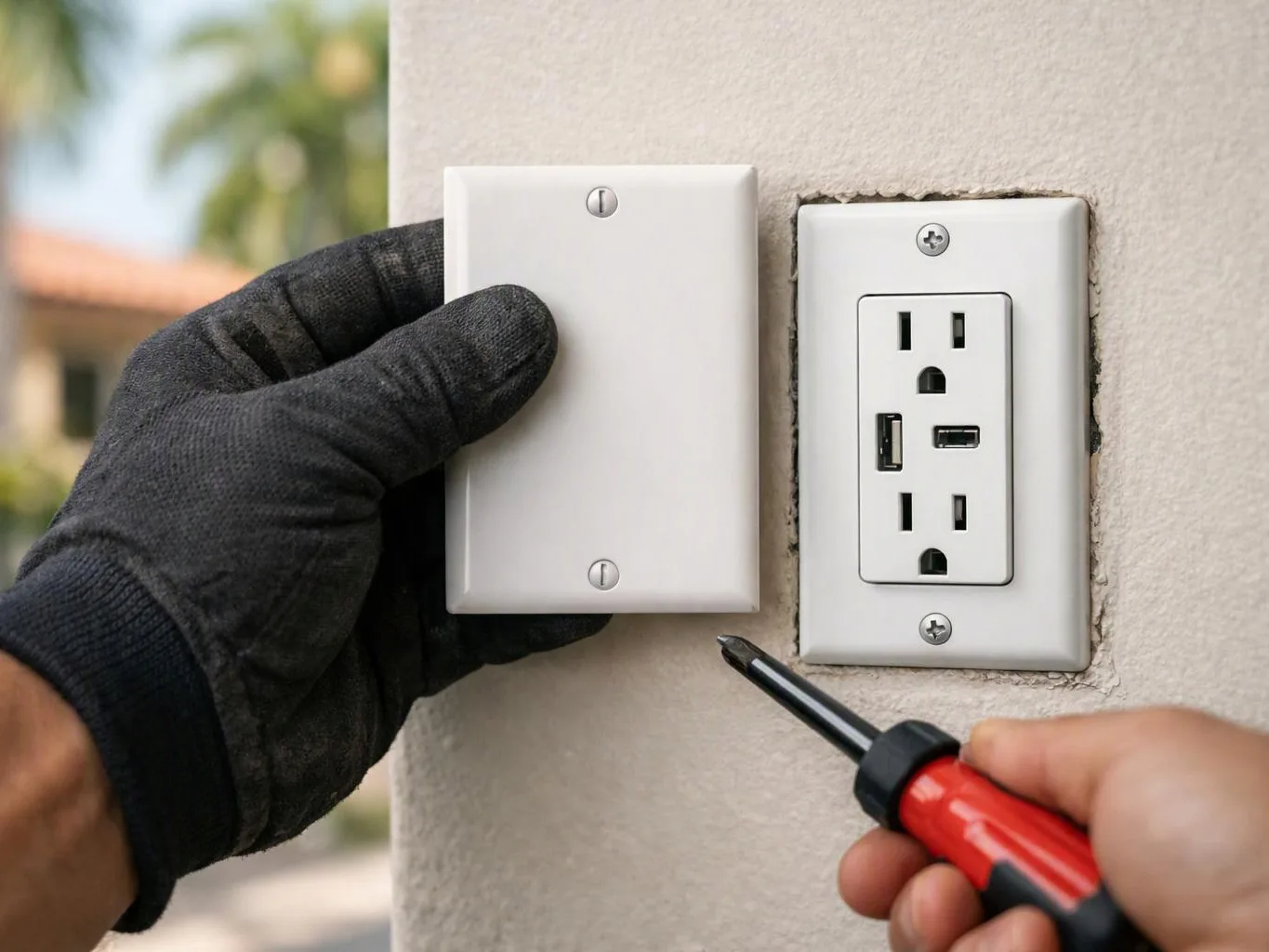 Gloved hands install a blank wall plate beside a USB outlet, with a screwdriver on a stucco wall