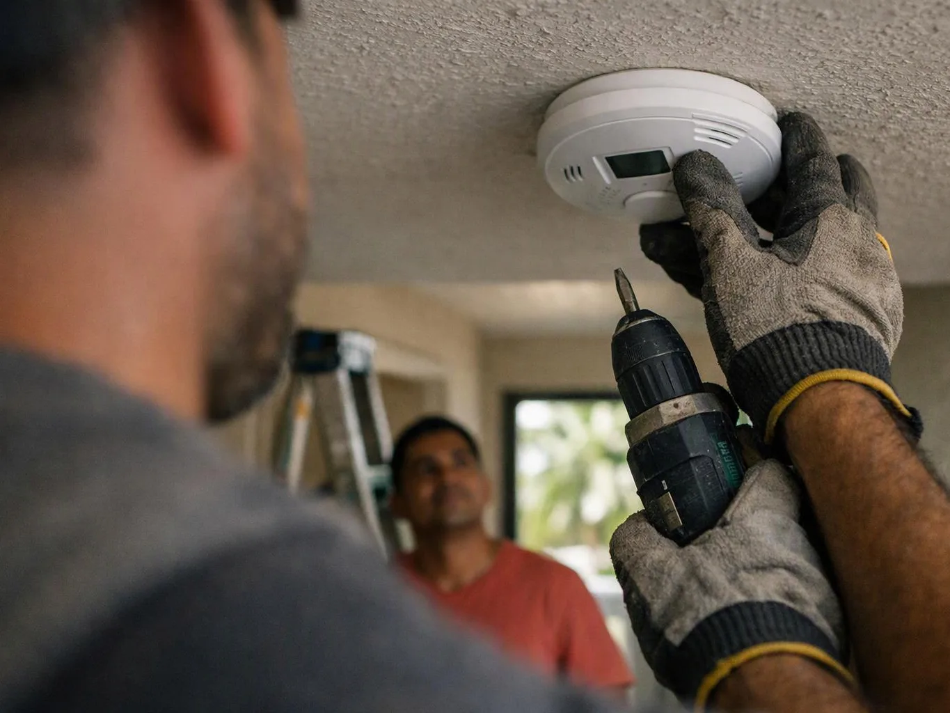 Gloved hands install a ceiling smoke detector while holding a drill in a home interior