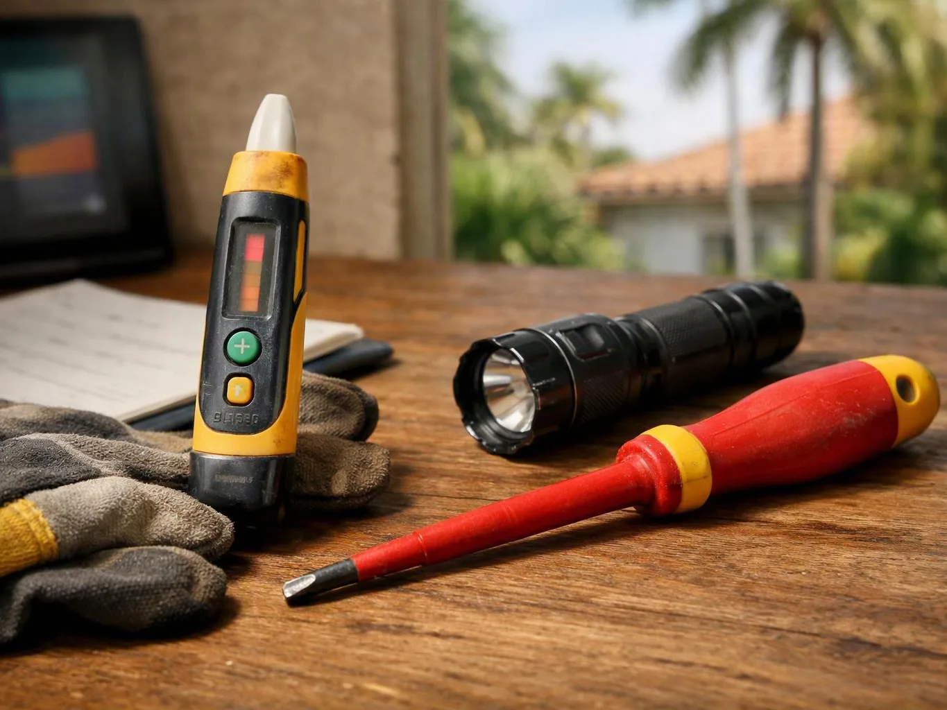 Gloved hands rest beside a voltage tester, flashlight, and screwdriver on a wooden table by a window