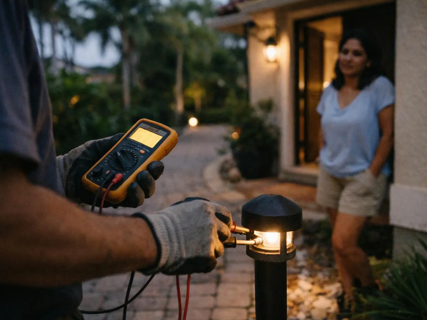 A gloved worker tests a glowing path light with a multimeter while a woman watches by a house entrance