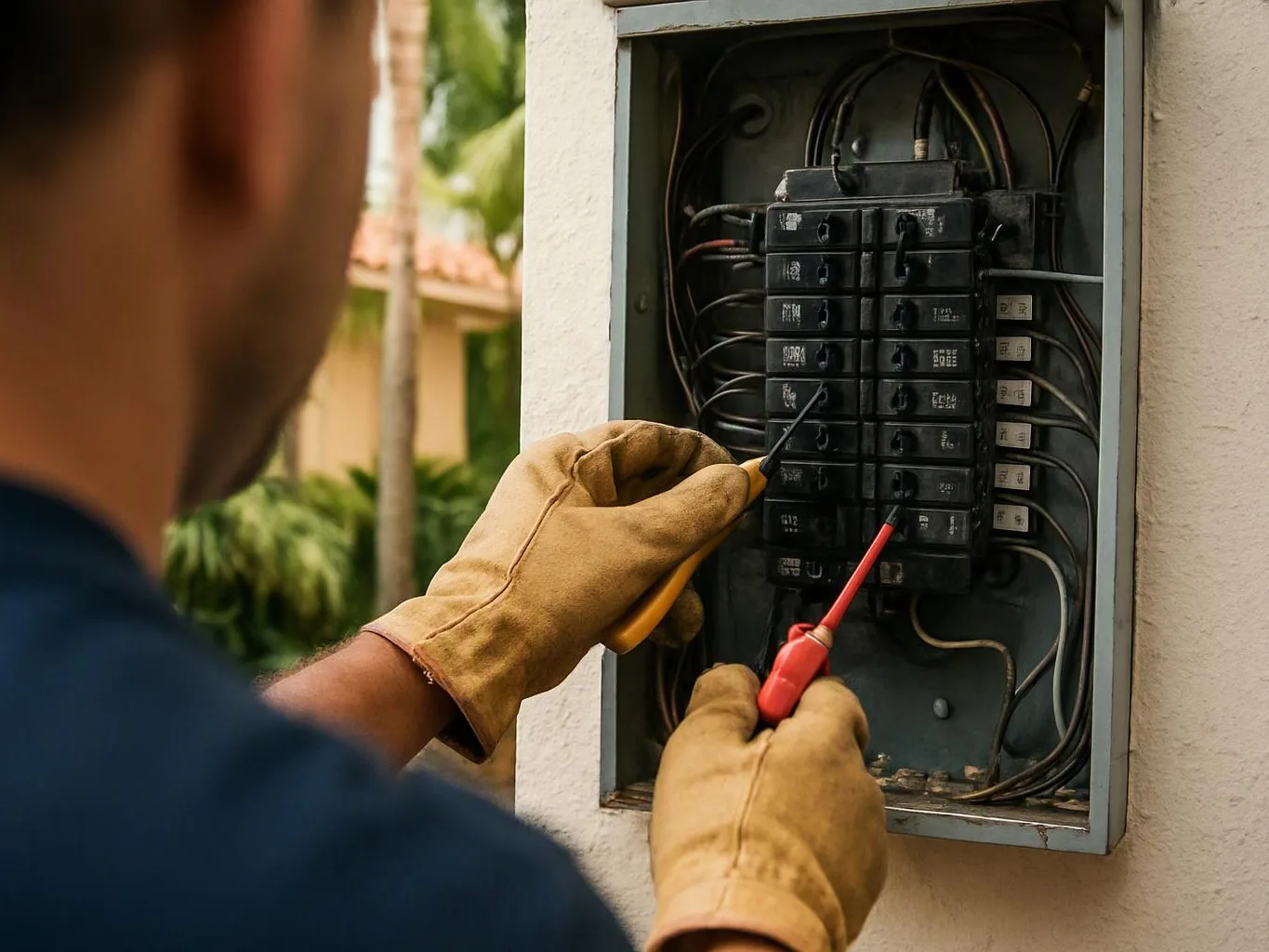 A gloved worker tests wiring inside an open electrical panel mounted on a wall