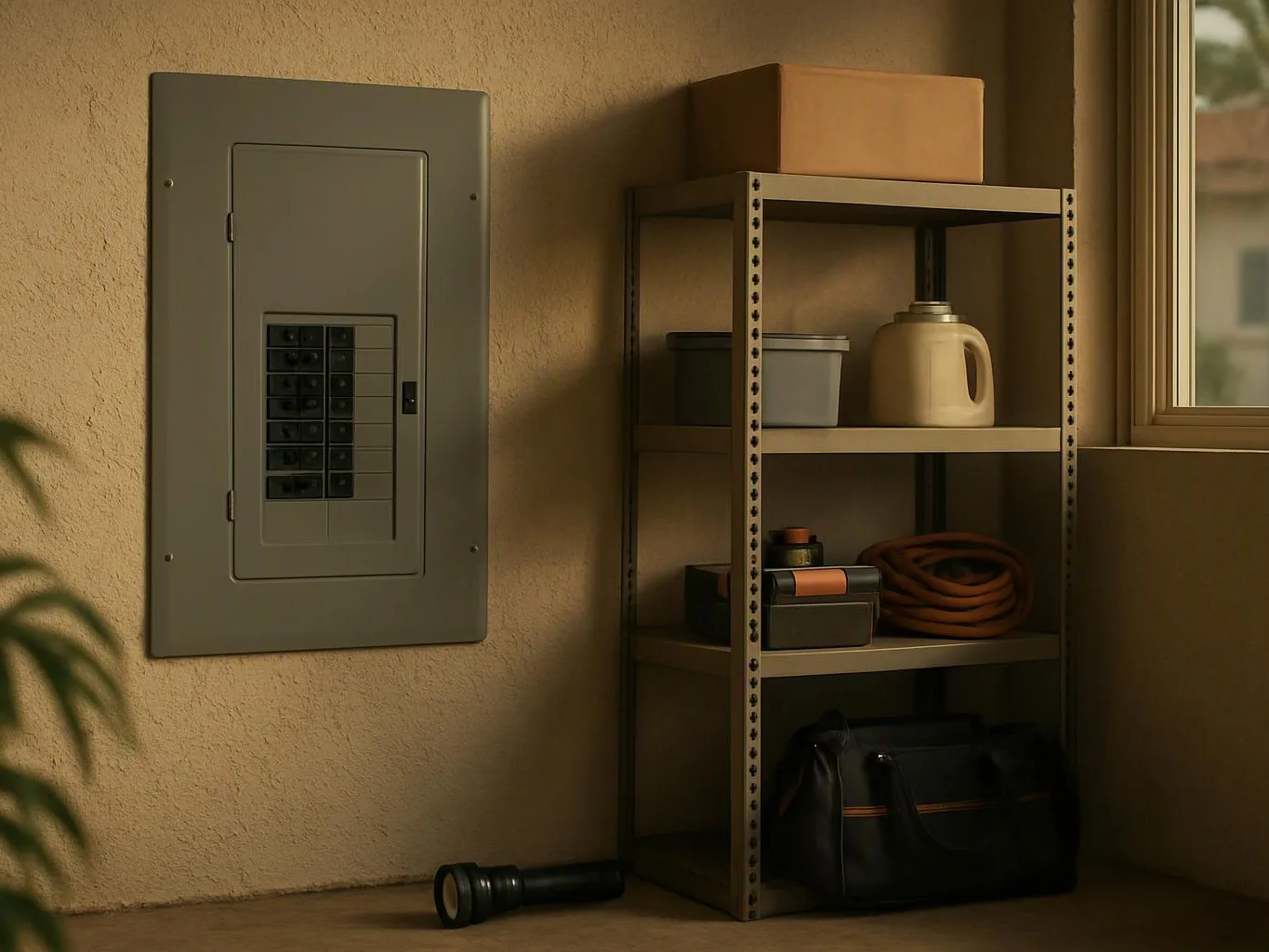 A gray electrical panel sits beside a metal shelf holding boxes, containers, a coiled hose, and a black bag in warm light