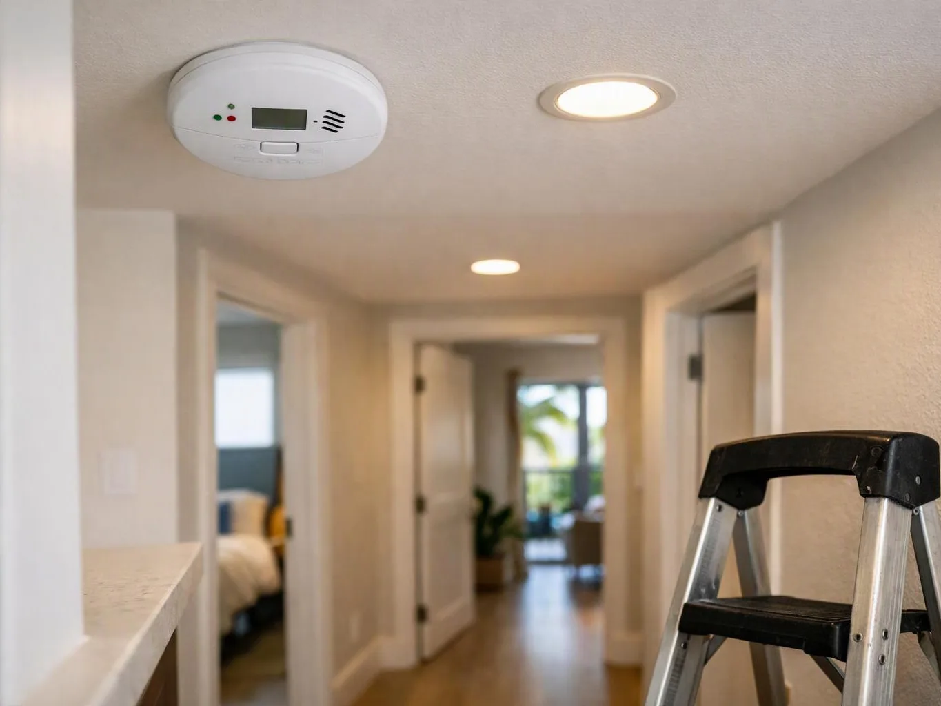 A hallway with open doors, recessed lights, a ceiling smoke detector, and a step ladder in the foreground