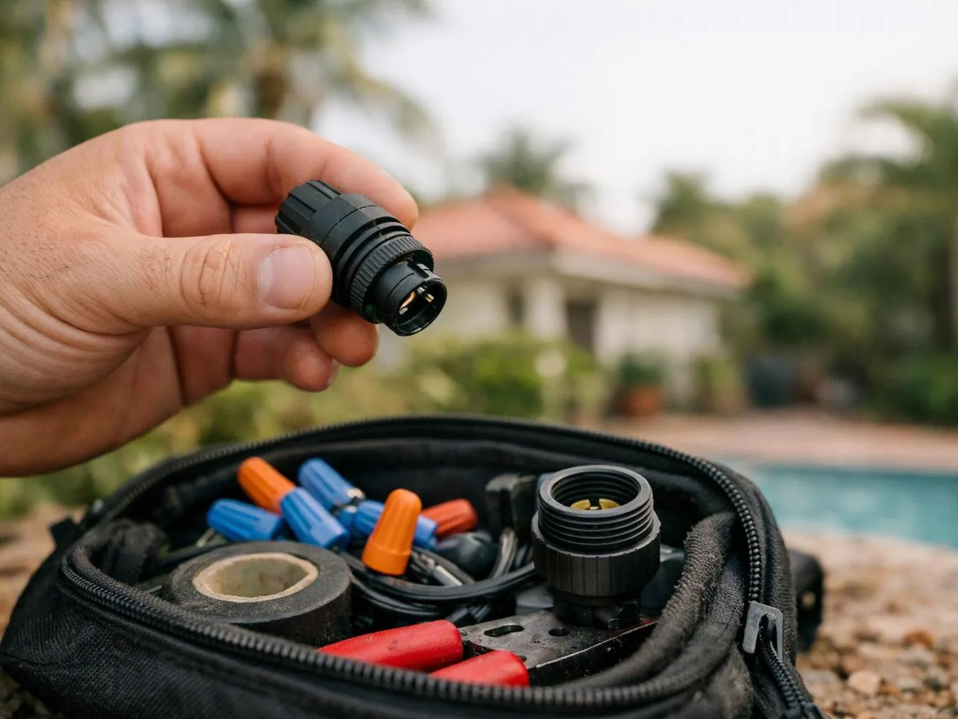 A hand holds a black plastic connector above a tool bag filled with wires and small parts beside a pool
