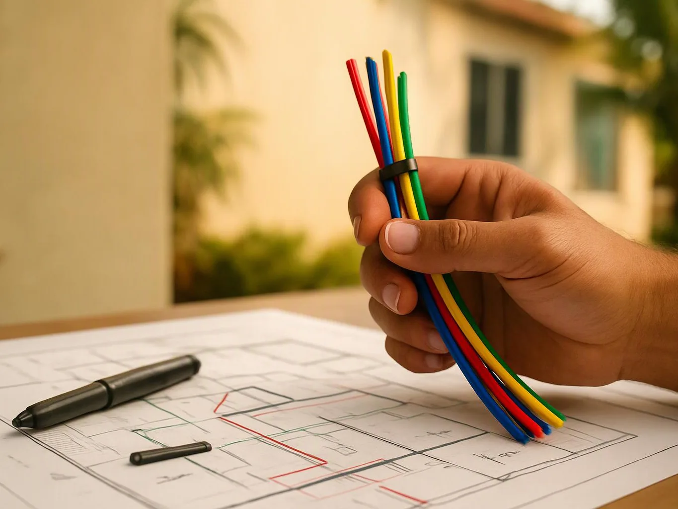 A hand holds colored wires over a printed floor plan on a table, with pens nearby