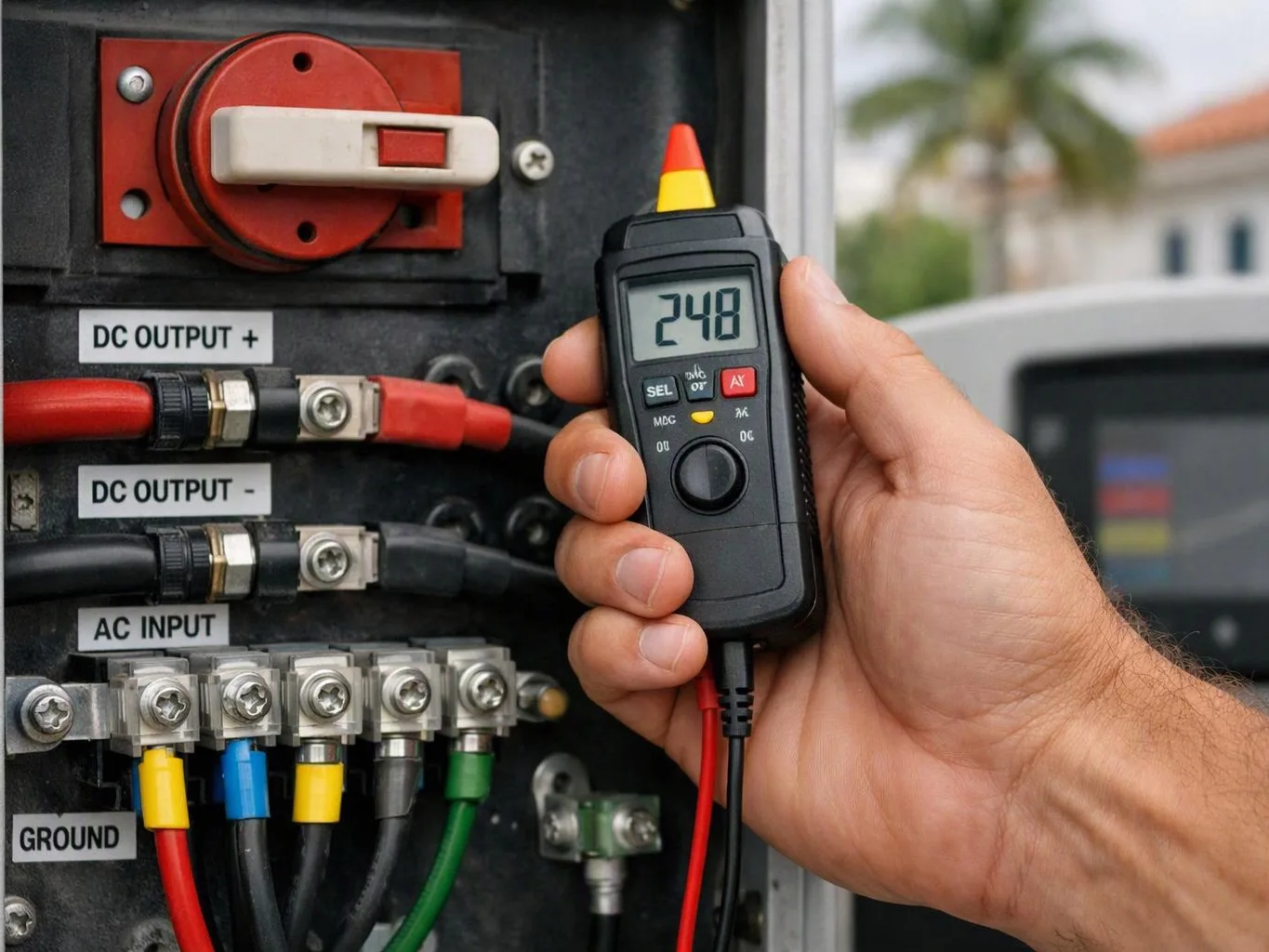 A hand holds a digital tester beside labeled power terminals and thick cables on electrical equipment