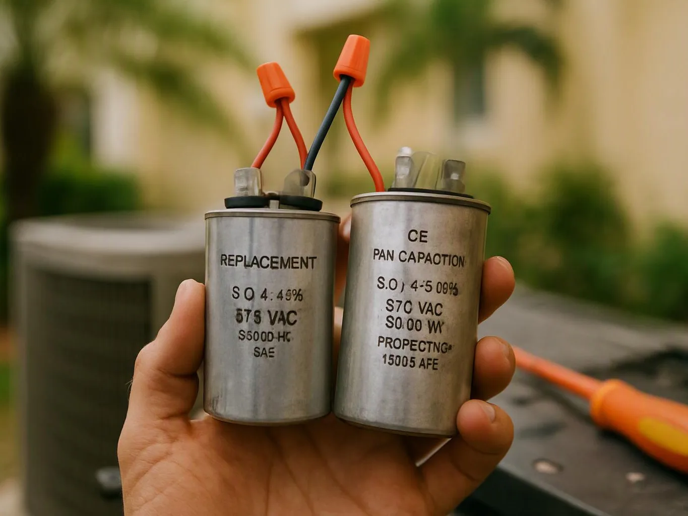 A hand holds two metal capacitors with wires, against a blurred outdoor background