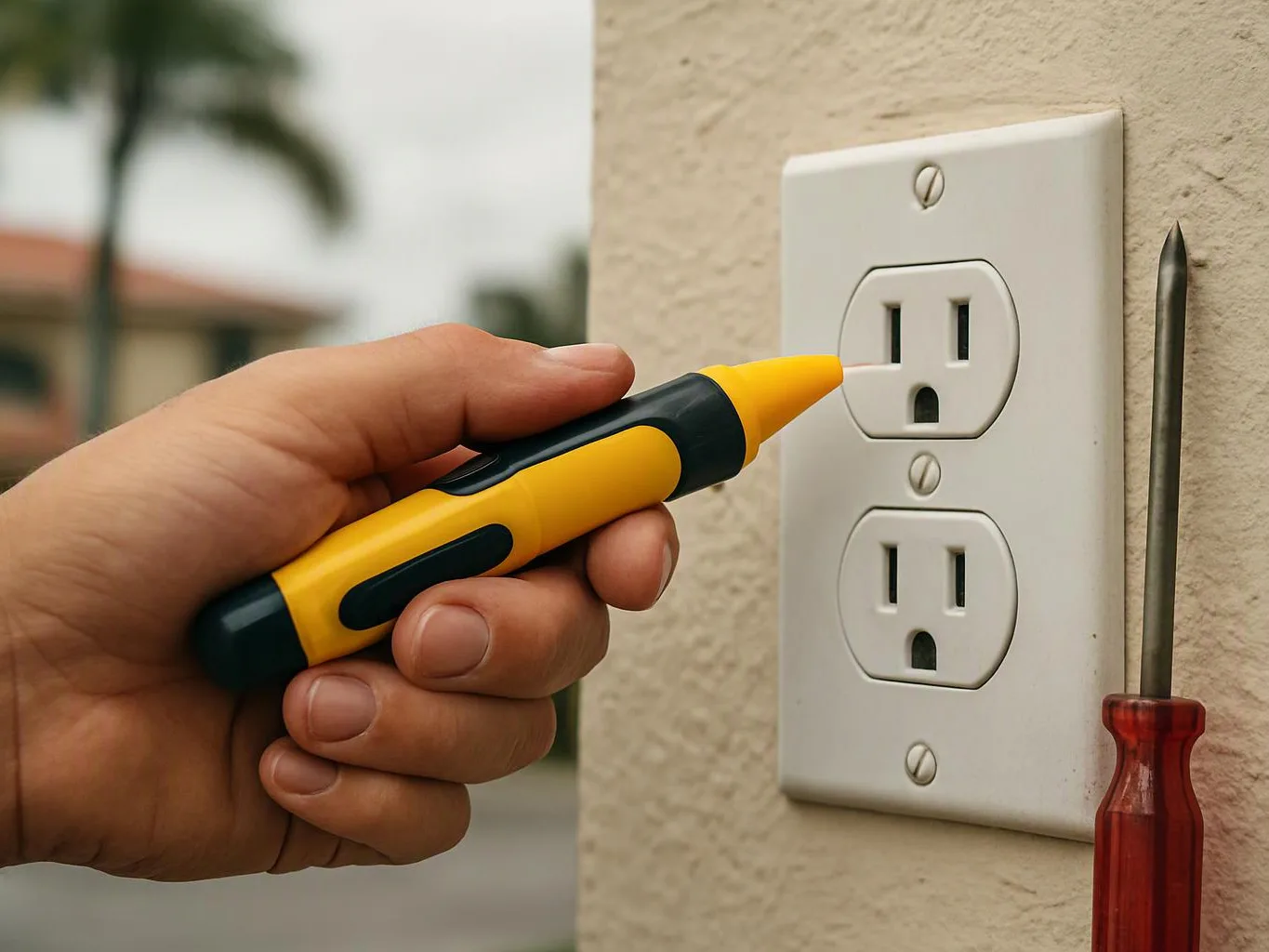 A hand holds a yellow voltage tester near a wall outlet beside a red screwdriver on a stucco wall