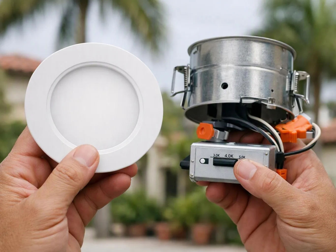 Hands hold a round white LED panel beside a recessed light fixture with wiring outdoors