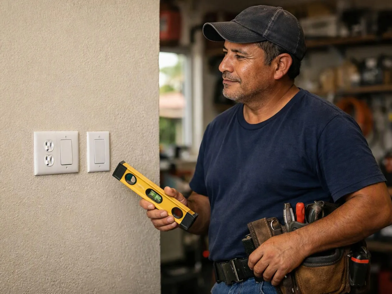 A handyman in a cap checks a wall outlet and light switches with a yellow level in a garage-like room