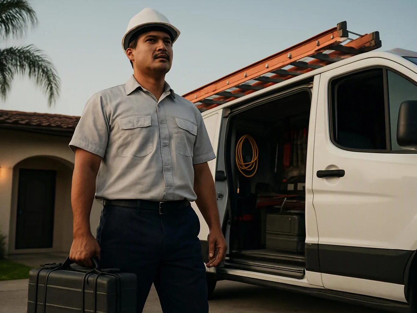 A hard hat worker stands beside a white van holding a black toolbox, with a ladder on the roof and a house behind him