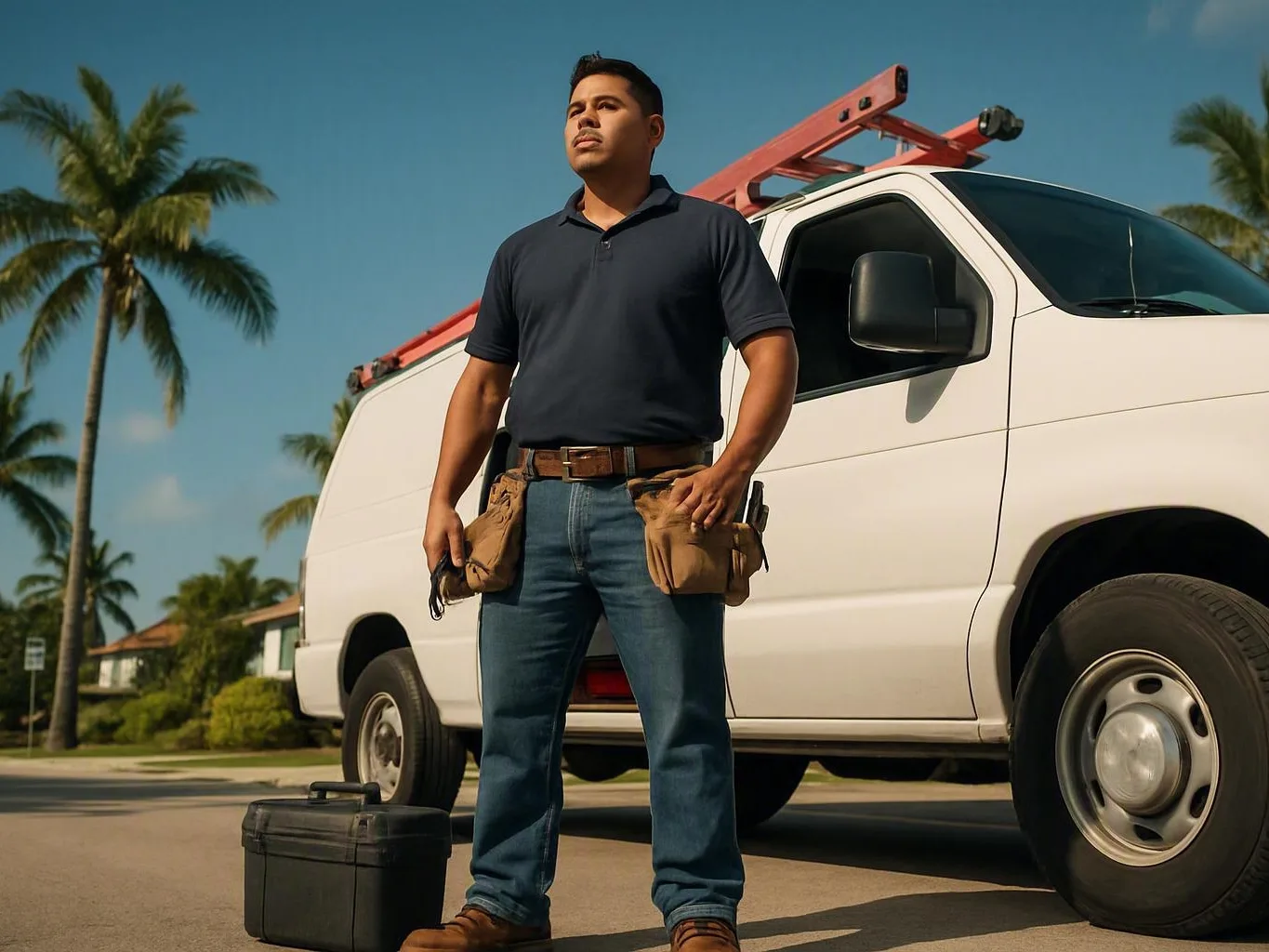 Handyman stands beside a white service van, holding tools on a sunny palm-lined street