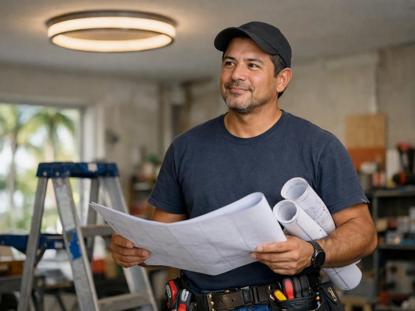 Smiling electrician holds blueprints and rolled plans in a workshop beside a ladder and tools