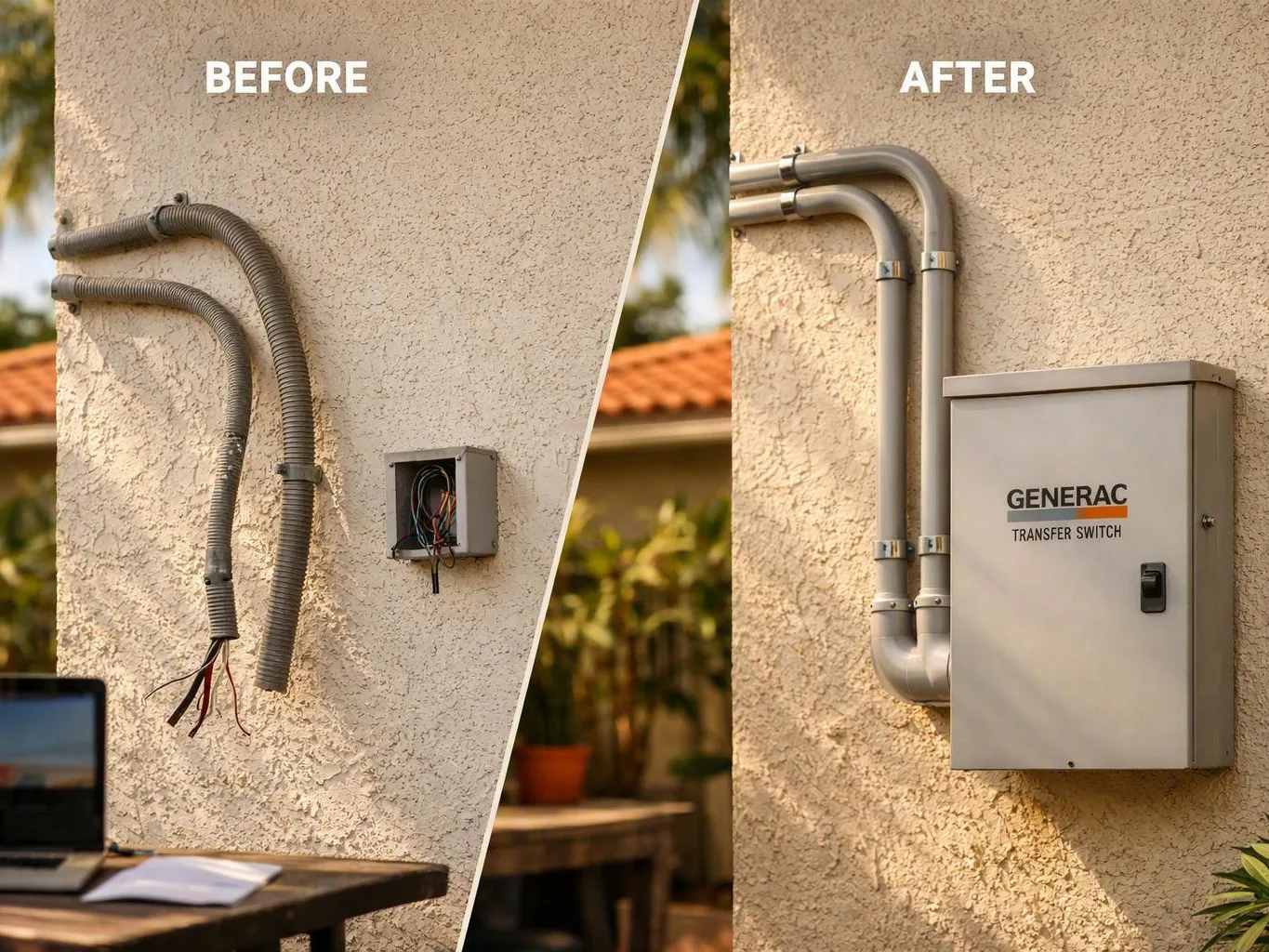 Split view of an exterior wall showing loose wiring before and a mounted transfer switch with metal conduit after