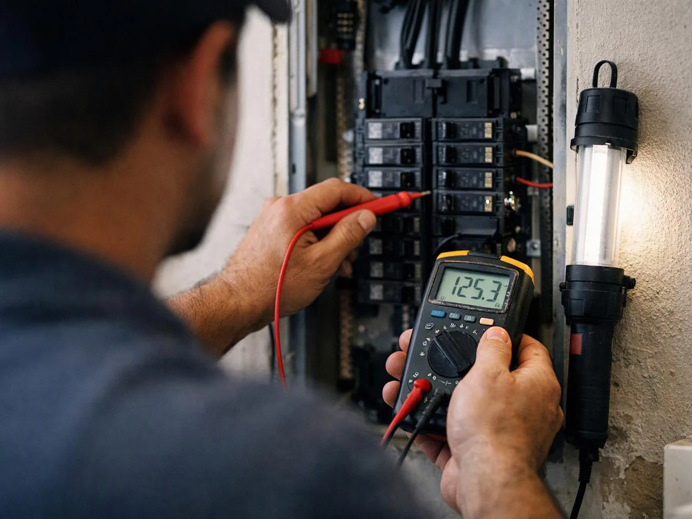 A technician tests an electrical panel with a multimeter beside a wall-mounted work light