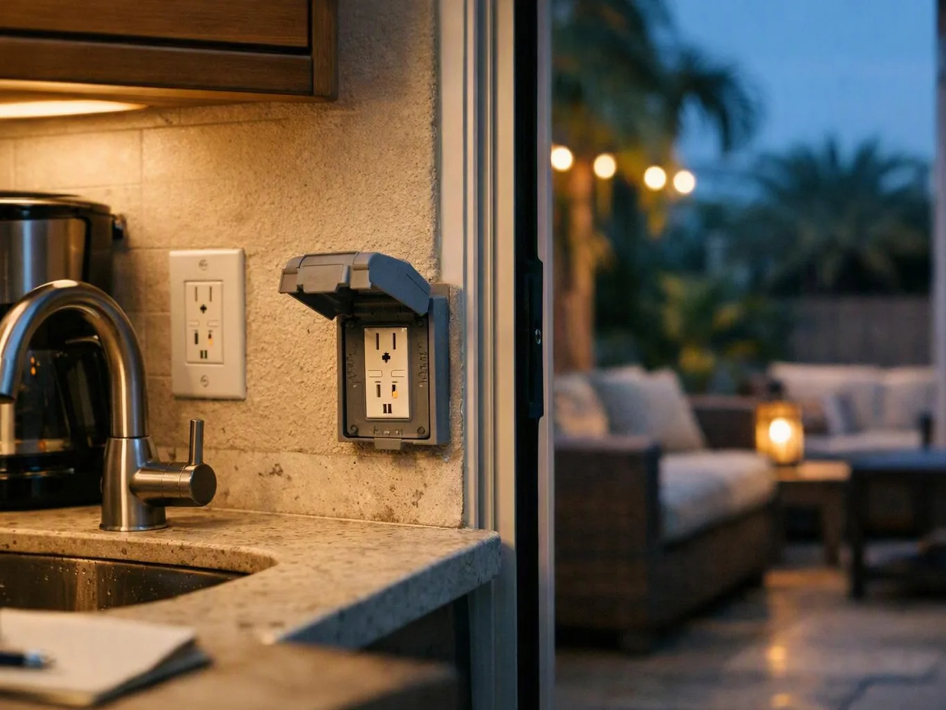 A kitchen counter with sink, faucet, and outlets sits beside an open door to a softly lit patio seating area