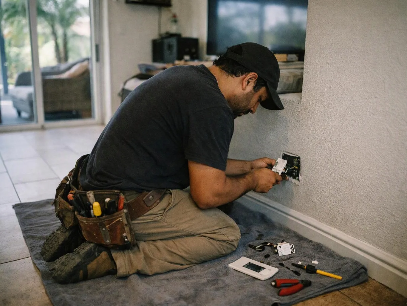 A kneeling electrician installs a wall outlet indoors, with tools spread on a mat beside him