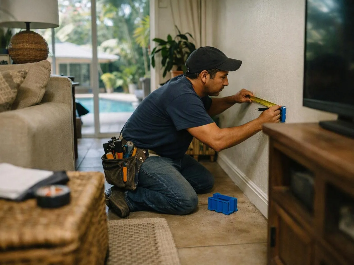 A kneeling man measures a wall with a tape in a bright living room near a patio door