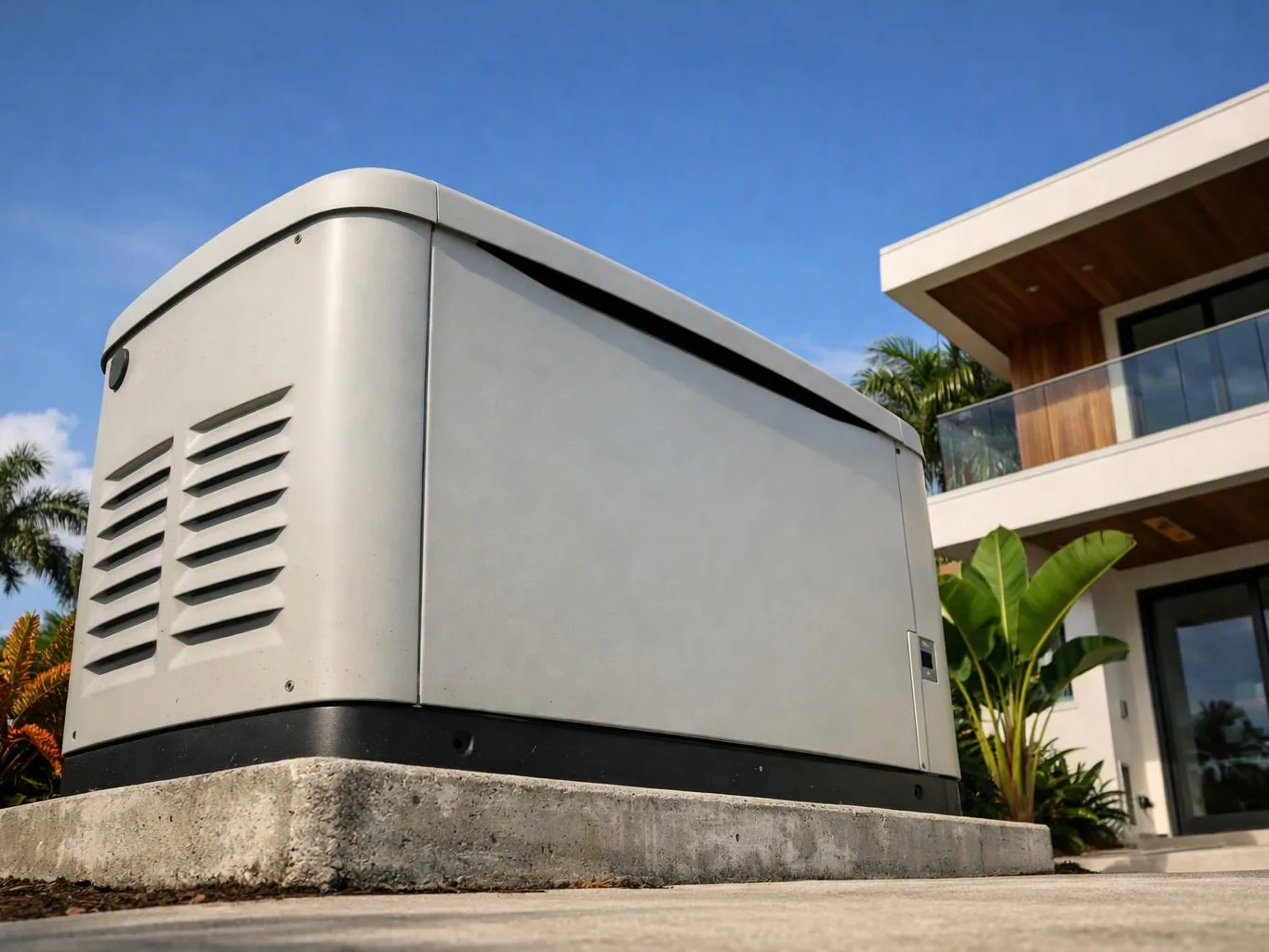 A large gray generator sits on a concrete pad outside a modern house under a blue sky
