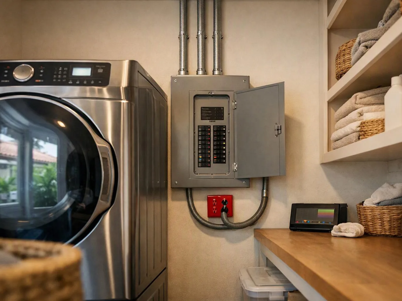 A laundry room shows a front-loading washer, an open breaker panel, and shelves with folded towels and baskets