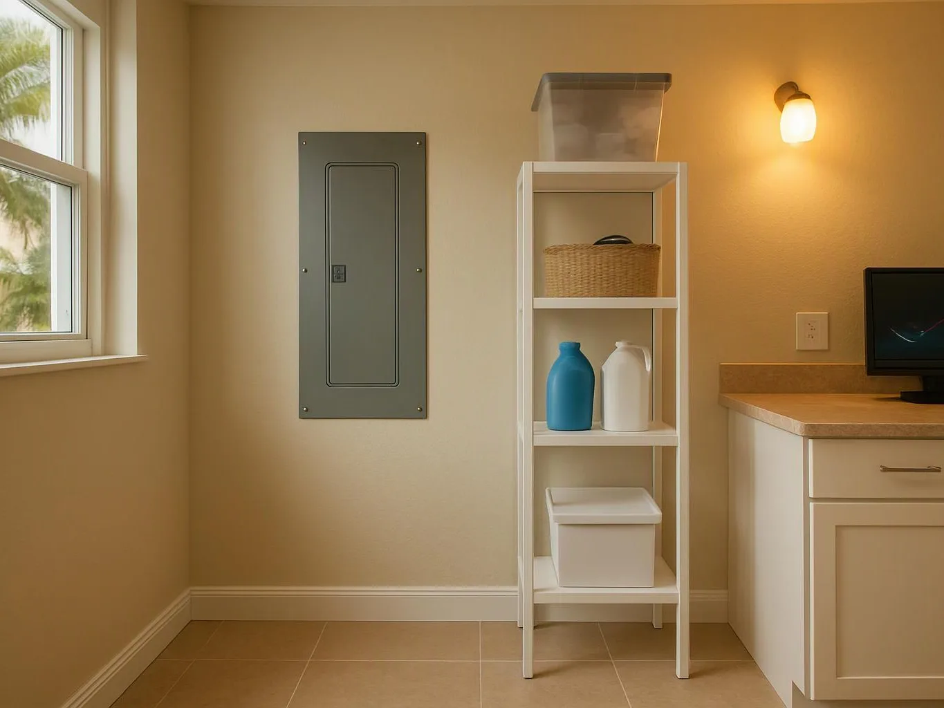 A laundry room shows a wall panel, a white shelf with bins and detergent bottles, and a countertop with a monitor