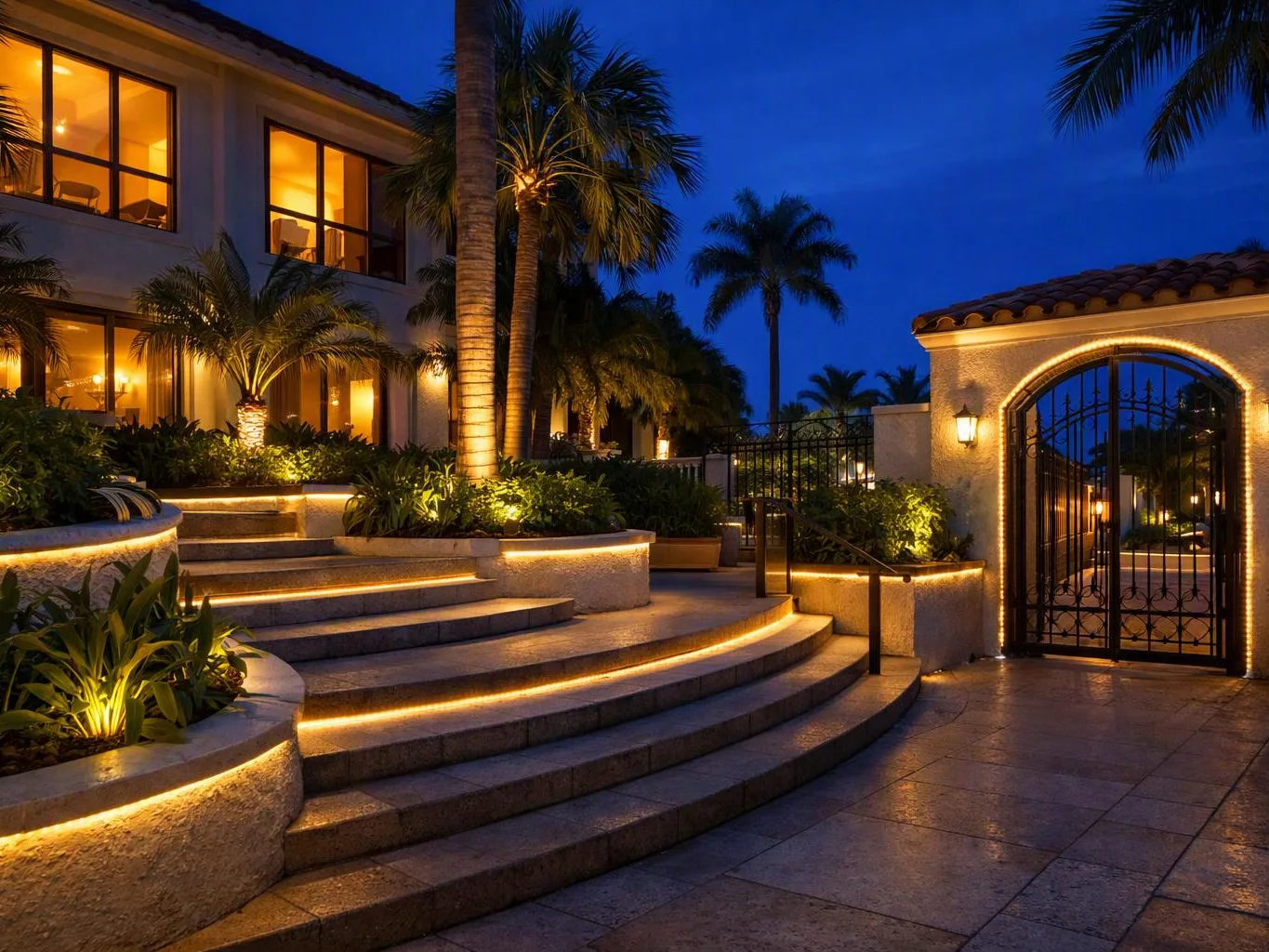 A lit luxury home entrance shows curved stone steps, palm trees, and a wrought-iron gate at dusk